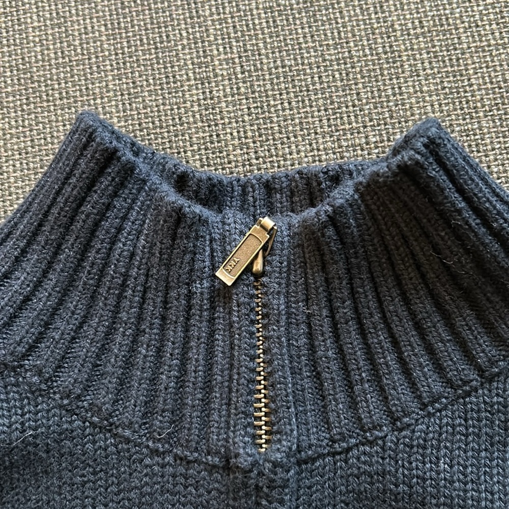 LL Bean Navy Blue Chunky Cable Knit Cardigan zipper Sweater 100% Cotton Size M - Picture 2 of 10